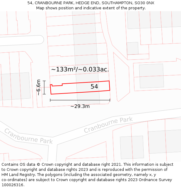 54, CRANBOURNE PARK, HEDGE END, SOUTHAMPTON, SO30 0NX: Plot and title map