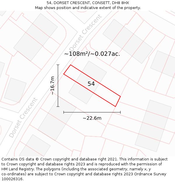 54, DORSET CRESCENT, CONSETT, DH8 8HX: Plot and title map