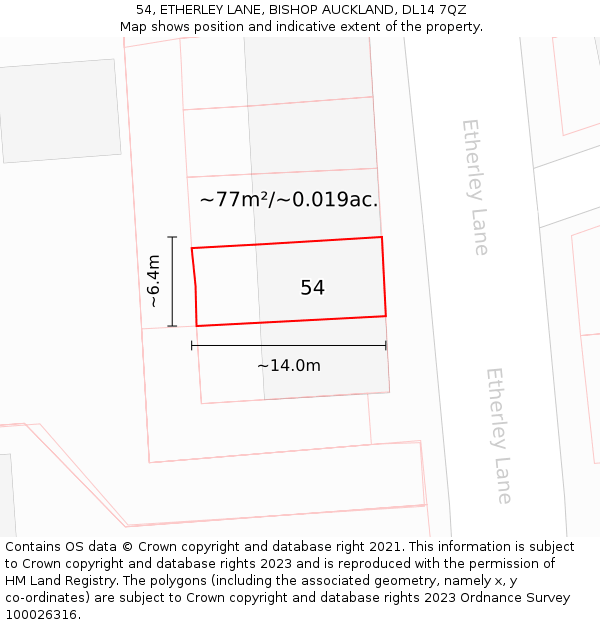 54, ETHERLEY LANE, BISHOP AUCKLAND, DL14 7QZ: Plot and title map