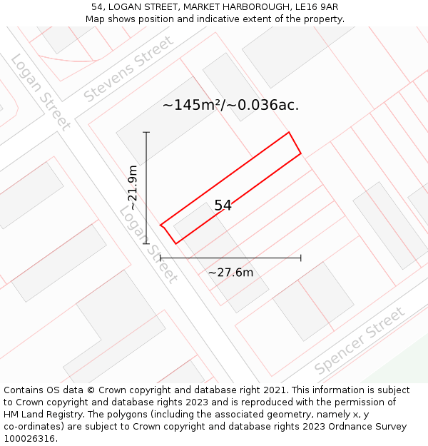 54, LOGAN STREET, MARKET HARBOROUGH, LE16 9AR: Plot and title map