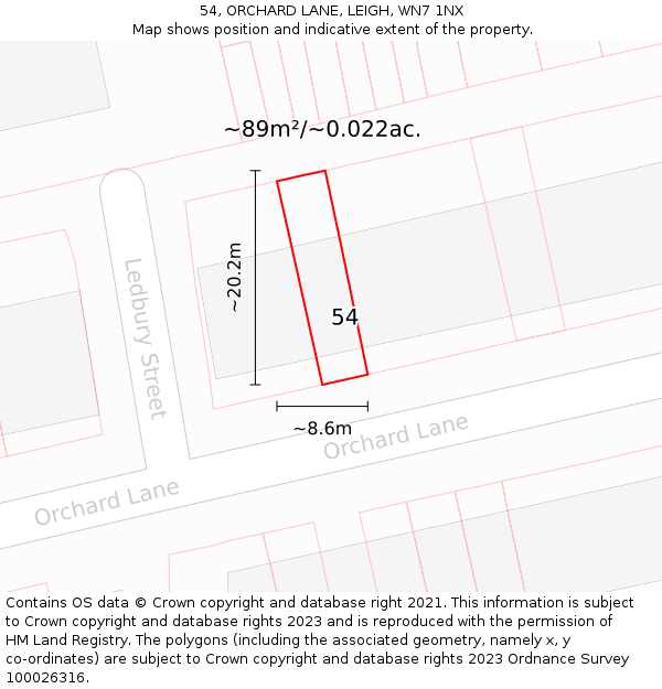 54, ORCHARD LANE, LEIGH, WN7 1NX: Plot and title map