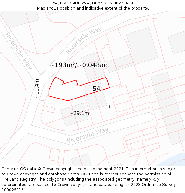 54, RIVERSIDE WAY, BRANDON, IP27 0AN: Plot and title map