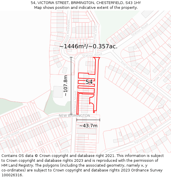54, VICTORIA STREET, BRIMINGTON, CHESTERFIELD, S43 1HY: Plot and title map