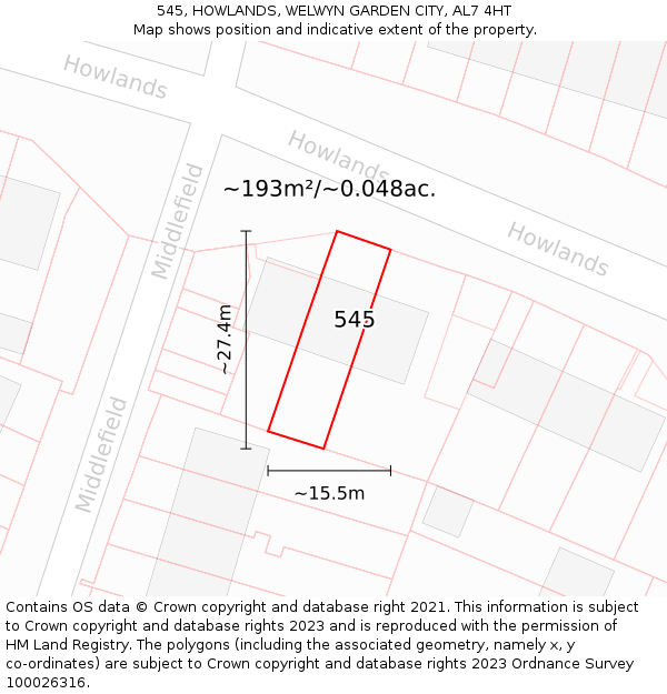 545, HOWLANDS, WELWYN GARDEN CITY, AL7 4HT: Plot and title map