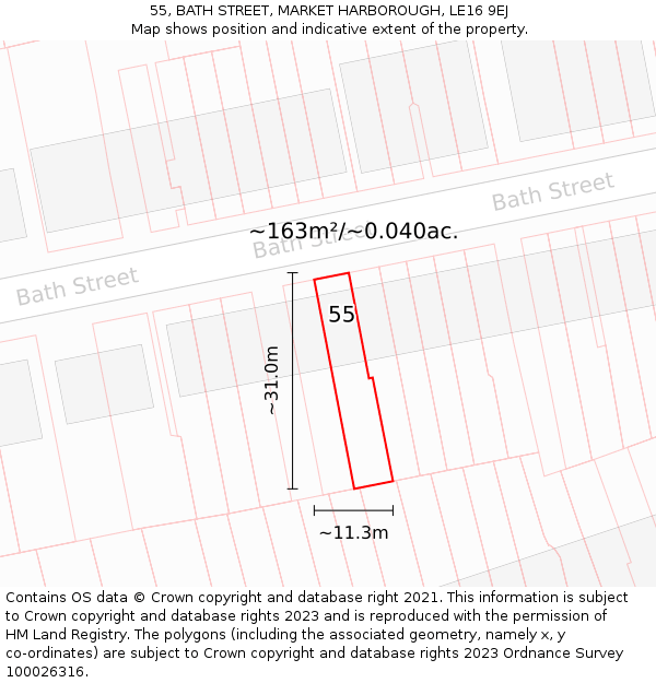 55, BATH STREET, MARKET HARBOROUGH, LE16 9EJ: Plot and title map