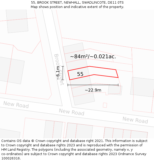 55, BROOK STREET, NEWHALL, SWADLINCOTE, DE11 0TS: Plot and title map