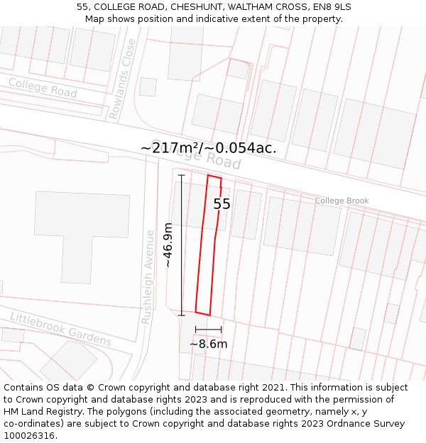 55, COLLEGE ROAD, CHESHUNT, WALTHAM CROSS, EN8 9LS: Plot and title map