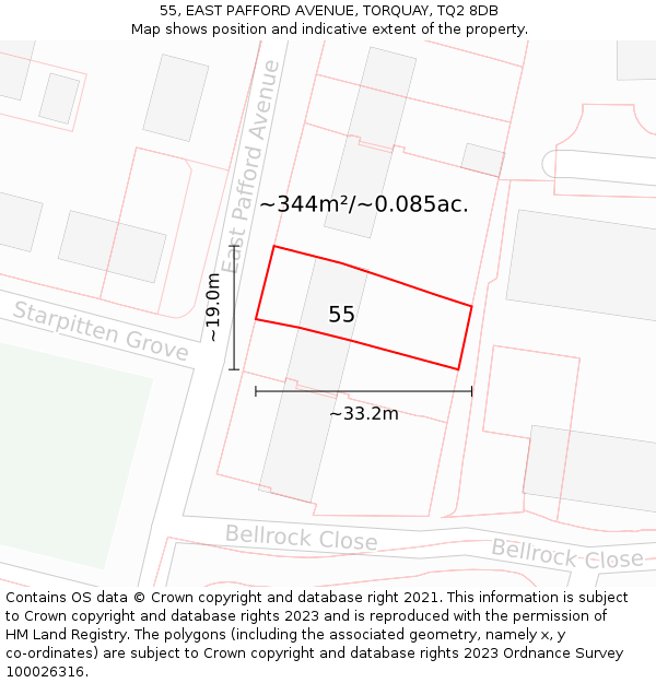 55, EAST PAFFORD AVENUE, TORQUAY, TQ2 8DB: Plot and title map