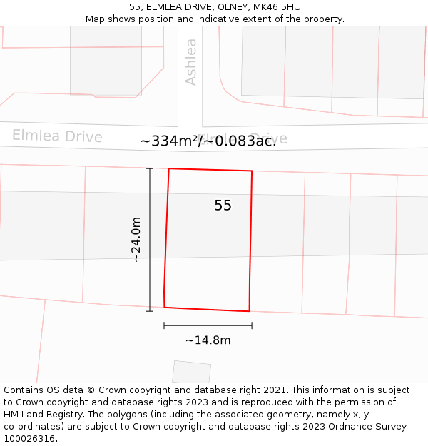 55, ELMLEA DRIVE, OLNEY, MK46 5HU: Plot and title map