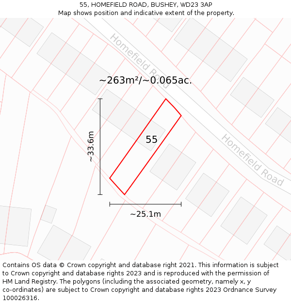 55, HOMEFIELD ROAD, BUSHEY, WD23 3AP: Plot and title map