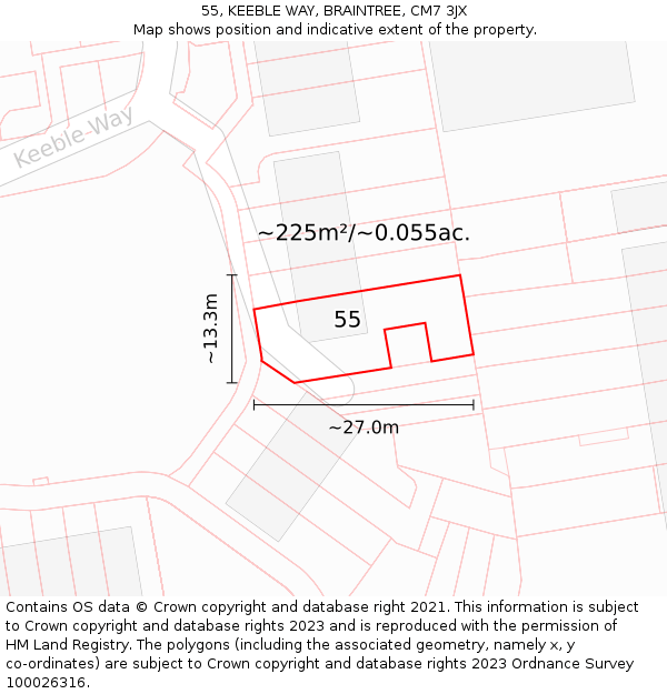 55, KEEBLE WAY, BRAINTREE, CM7 3JX: Plot and title map