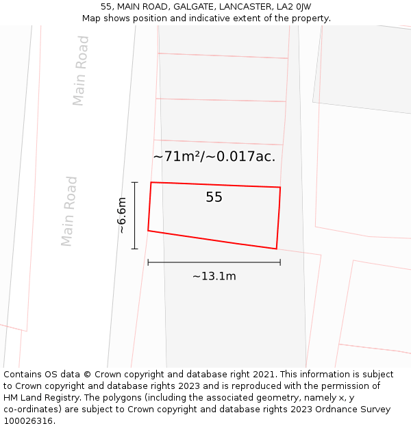55, MAIN ROAD, GALGATE, LANCASTER, LA2 0JW: Plot and title map