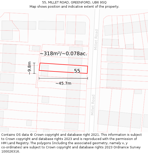 55, MILLET ROAD, GREENFORD, UB6 9SQ: Plot and title map