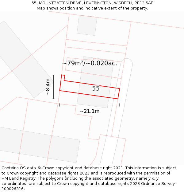 55, MOUNTBATTEN DRIVE, LEVERINGTON, WISBECH, PE13 5AF: Plot and title map