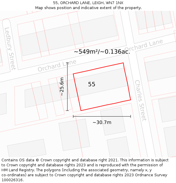 55, ORCHARD LANE, LEIGH, WN7 1NX: Plot and title map
