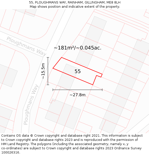 55, PLOUGHMANS WAY, RAINHAM, GILLINGHAM, ME8 8LH: Plot and title map