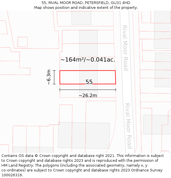 55, RIVAL MOOR ROAD, PETERSFIELD, GU31 4HD: Plot and title map