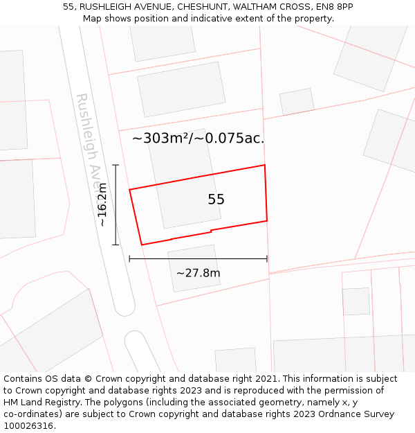 55, RUSHLEIGH AVENUE, CHESHUNT, WALTHAM CROSS, EN8 8PP: Plot and title map