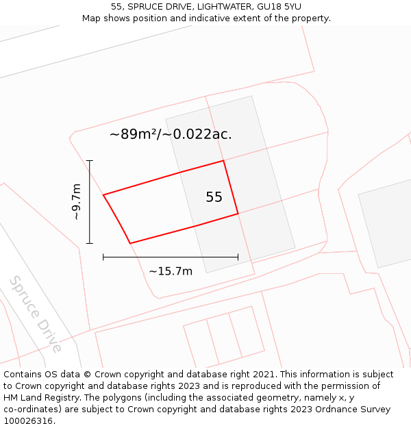 55, SPRUCE DRIVE, LIGHTWATER, GU18 5YU: Plot and title map