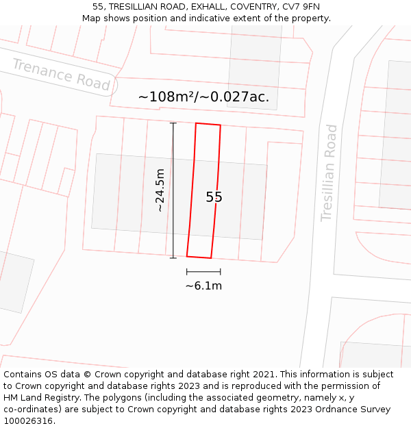 55, TRESILLIAN ROAD, EXHALL, COVENTRY, CV7 9FN: Plot and title map