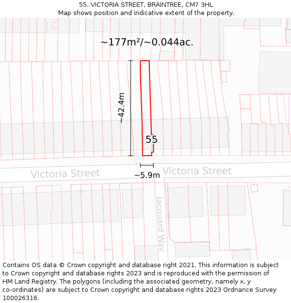 55, VICTORIA STREET, BRAINTREE, CM7 3HL: Plot and title map