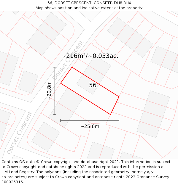 56, DORSET CRESCENT, CONSETT, DH8 8HX: Plot and title map