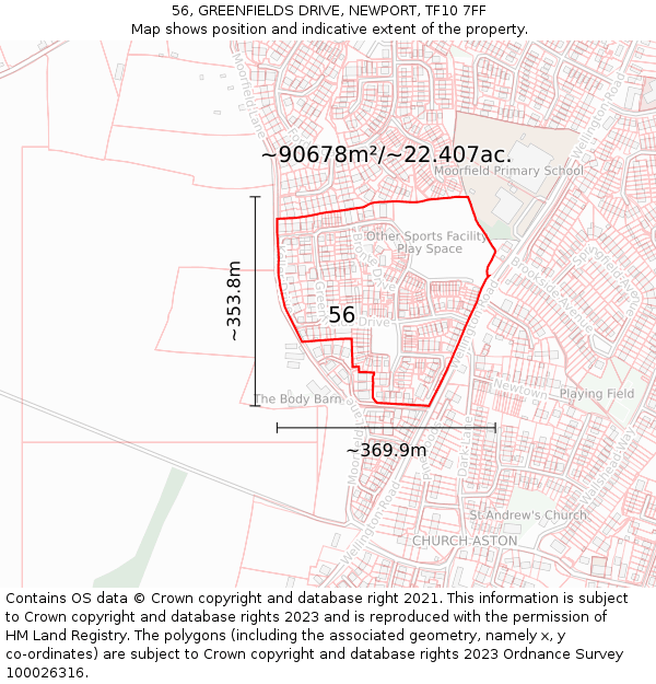 56, GREENFIELDS DRIVE, NEWPORT, TF10 7FF: Plot and title map