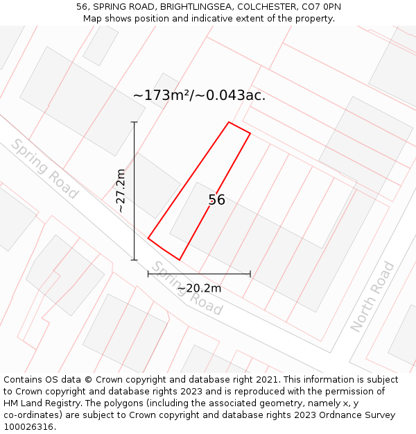 56, SPRING ROAD, BRIGHTLINGSEA, COLCHESTER, CO7 0PN: Plot and title map
