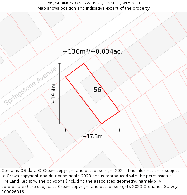 56, SPRINGSTONE AVENUE, OSSETT, WF5 9EH: Plot and title map
