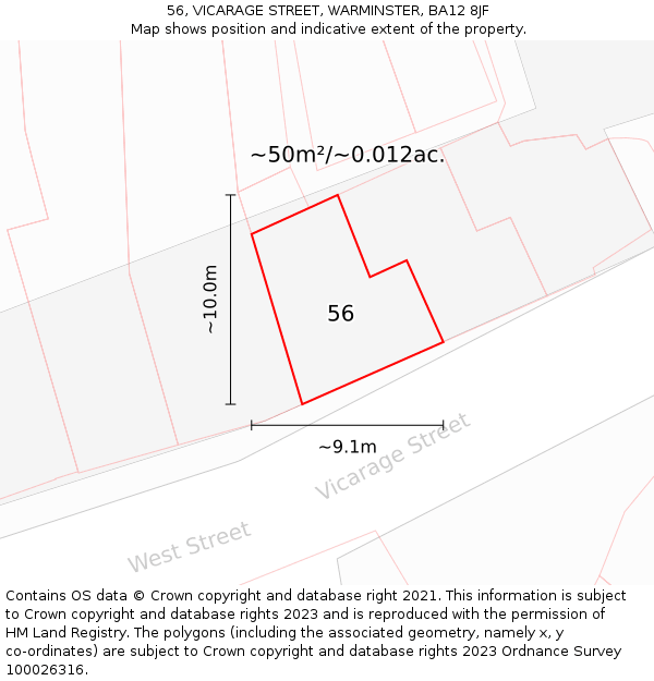 56, VICARAGE STREET, WARMINSTER, BA12 8JF: Plot and title map