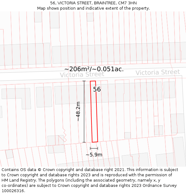 56, VICTORIA STREET, BRAINTREE, CM7 3HN: Plot and title map