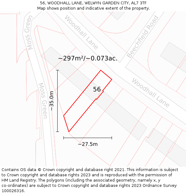 56, WOODHALL LANE, WELWYN GARDEN CITY, AL7 3TF: Plot and title map