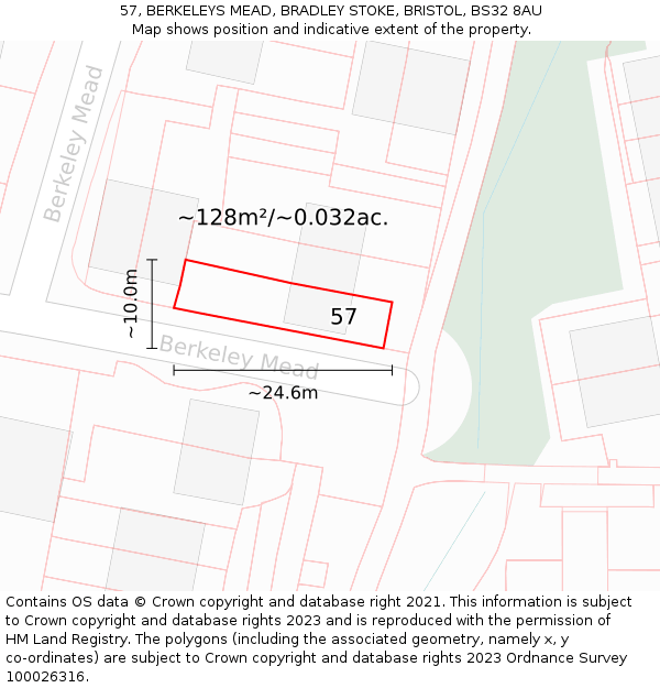 57, BERKELEYS MEAD, BRADLEY STOKE, BRISTOL, BS32 8AU: Plot and title map