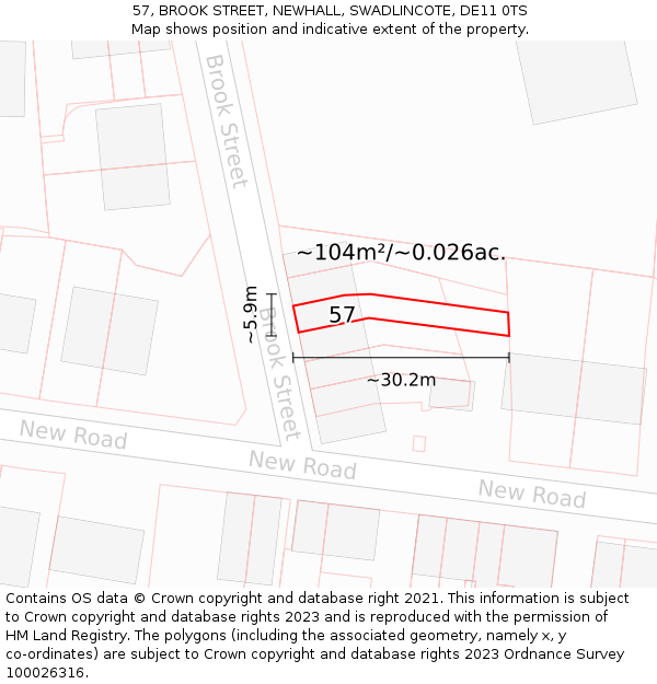 57, BROOK STREET, NEWHALL, SWADLINCOTE, DE11 0TS: Plot and title map