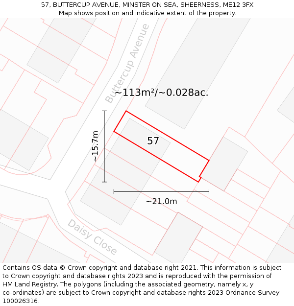 57, BUTTERCUP AVENUE, MINSTER ON SEA, SHEERNESS, ME12 3FX: Plot and title map