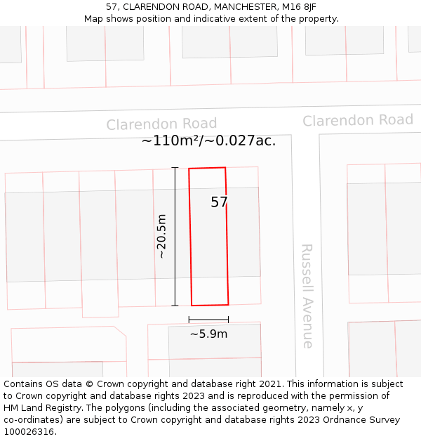 57, CLARENDON ROAD, MANCHESTER, M16 8JF: Plot and title map