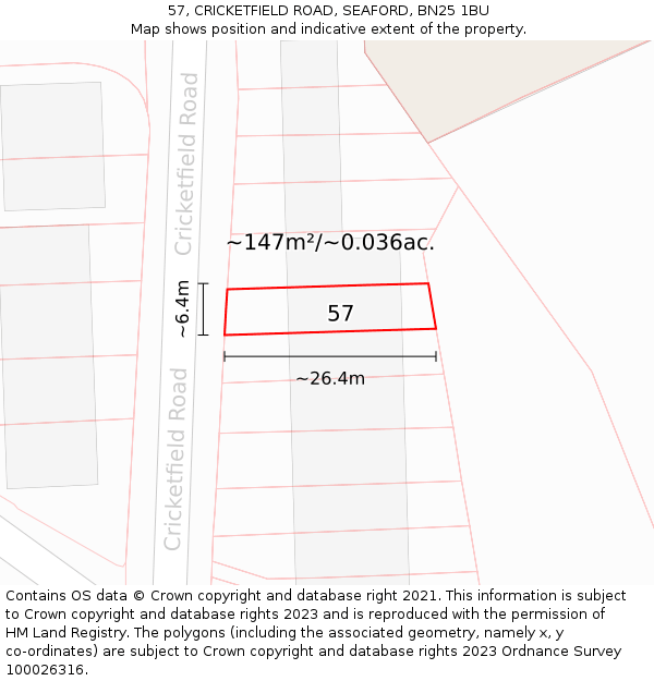 57, CRICKETFIELD ROAD, SEAFORD, BN25 1BU: Plot and title map
