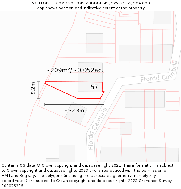 57, FFORDD CAMBRIA, PONTARDDULAIS, SWANSEA, SA4 8AB: Plot and title map