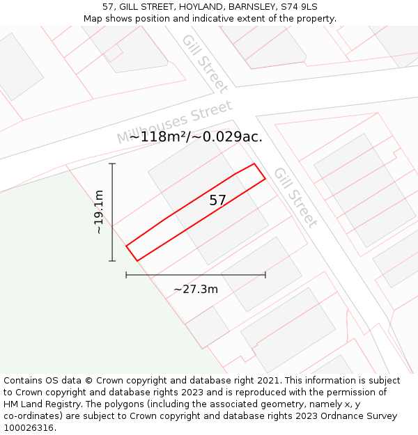 57, GILL STREET, HOYLAND, BARNSLEY, S74 9LS: Plot and title map