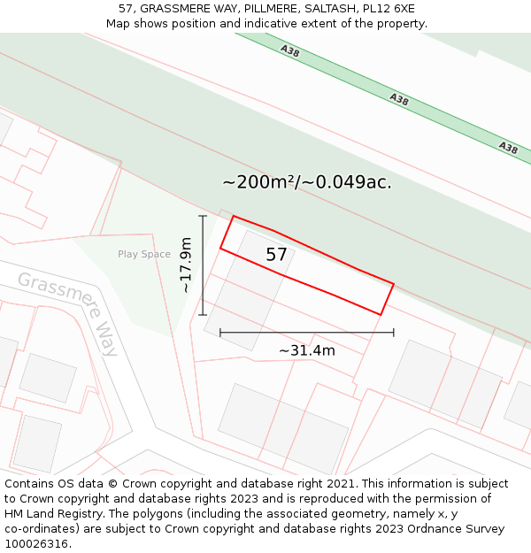 57, GRASSMERE WAY, PILLMERE, SALTASH, PL12 6XE: Plot and title map