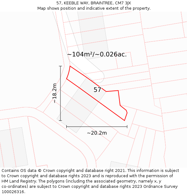 57, KEEBLE WAY, BRAINTREE, CM7 3JX: Plot and title map