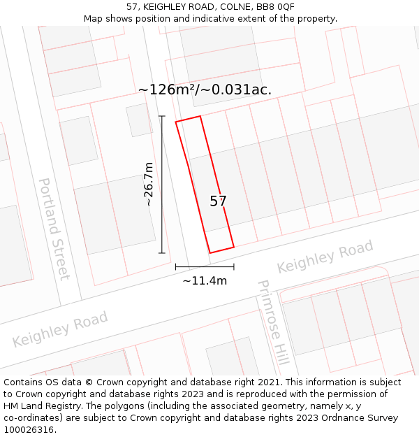 57, KEIGHLEY ROAD, COLNE, BB8 0QF: Plot and title map