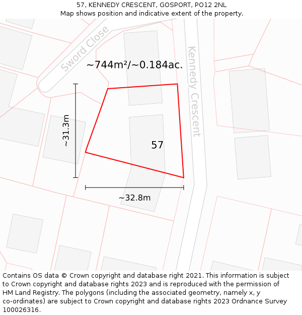 57, KENNEDY CRESCENT, GOSPORT, PO12 2NL: Plot and title map