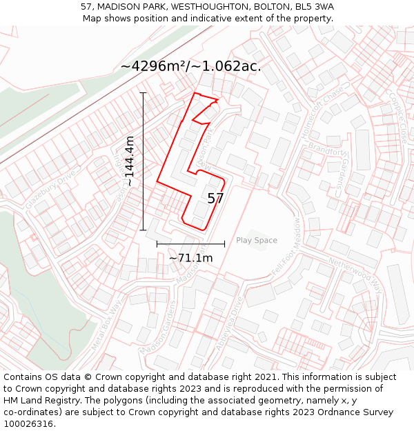 57, MADISON PARK, WESTHOUGHTON, BOLTON, BL5 3WA: Plot and title map