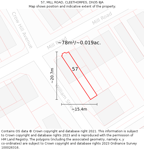 57, MILL ROAD, CLEETHORPES, DN35 8JA: Plot and title map