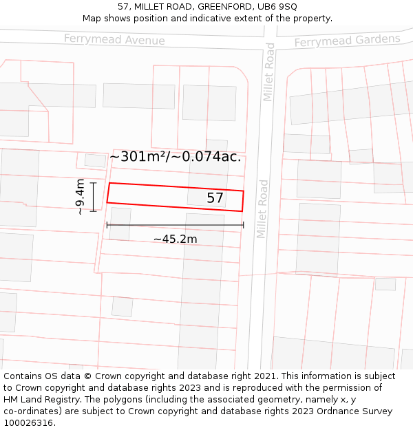 57, MILLET ROAD, GREENFORD, UB6 9SQ: Plot and title map