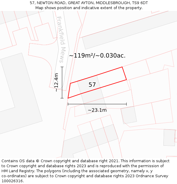 57, NEWTON ROAD, GREAT AYTON, MIDDLESBROUGH, TS9 6DT: Plot and title map