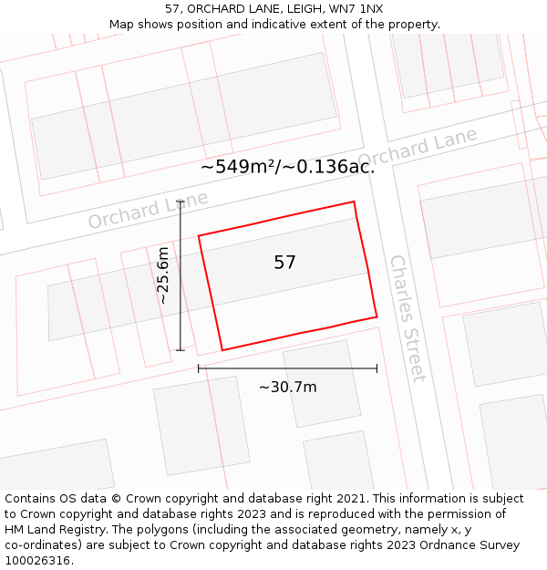 57, ORCHARD LANE, LEIGH, WN7 1NX: Plot and title map