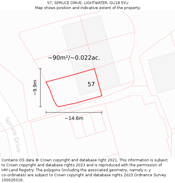 57, SPRUCE DRIVE, LIGHTWATER, GU18 5YU: Plot and title map