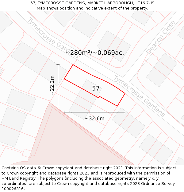 57, TYMECROSSE GARDENS, MARKET HARBOROUGH, LE16 7US: Plot and title map